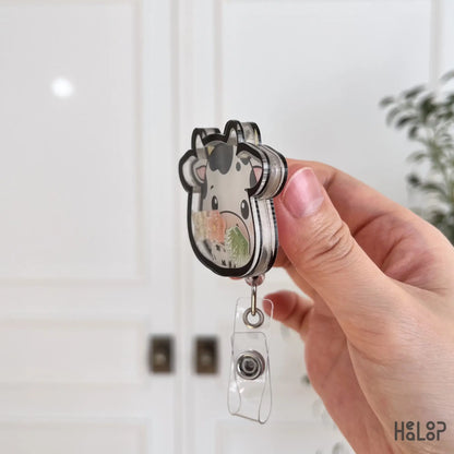 side thickness view of layered cow shaker badge reel durable acrylic badge holder