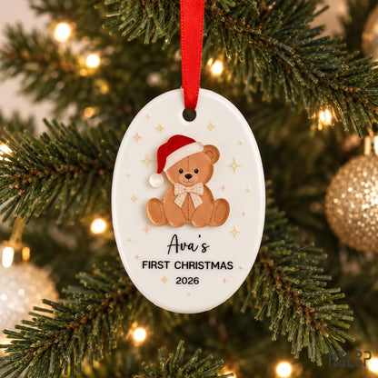 Custom Baby's First Christmas keepsake ornament with teddy bear, personalized name and year