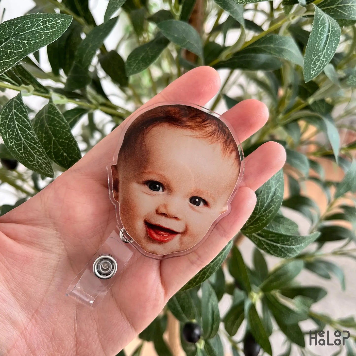 Personalized baby photo badge reel made from custom photo
