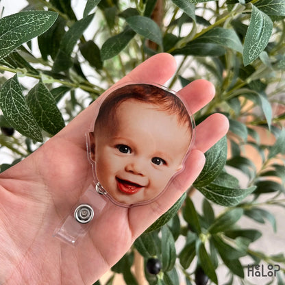 Personalized baby photo badge reel made from custom photo