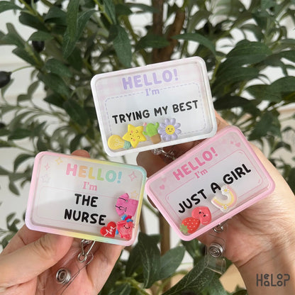 Custom Hello I'm badge reel featuring multiple design options and personalized text examples