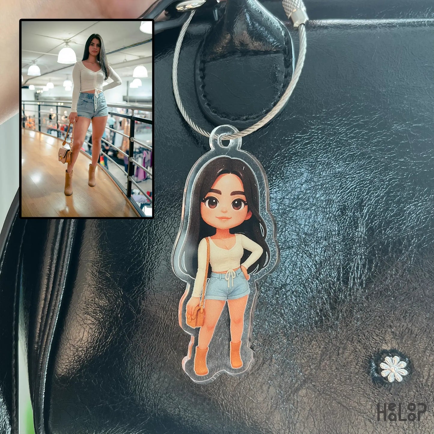 Chibi keychain of girl in casual outfit, personalized acrylic cartoon style keyring