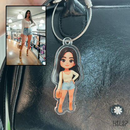 Chibi keychain of girl in casual outfit, personalized acrylic cartoon style keyring