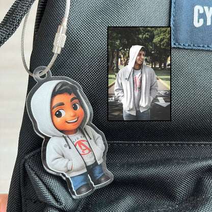 Personalized acrylic chibi keychain of boy in hoodie, custom cartoon keyring
