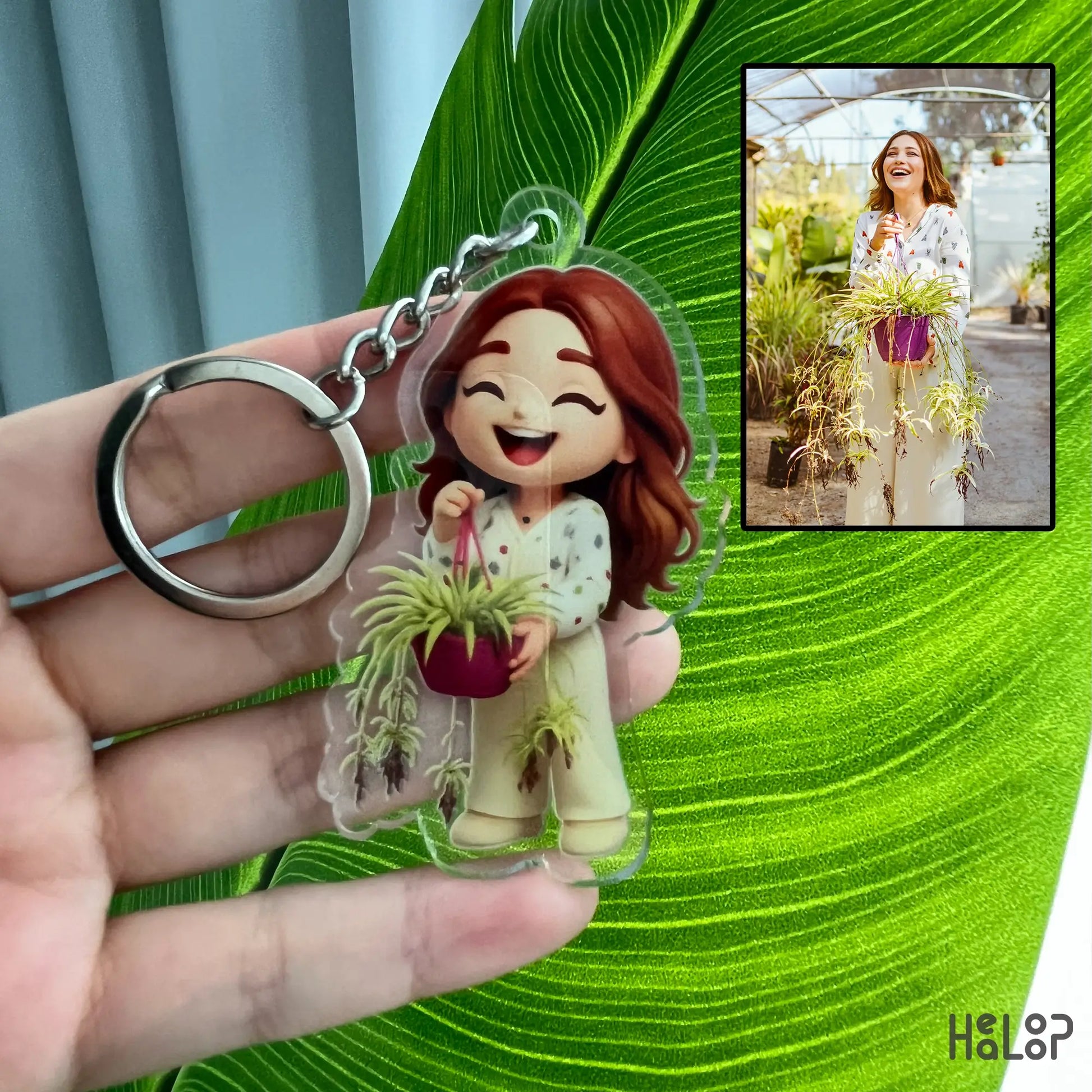 Chibi acrylic keychain of girl holding plants, personalized cartoon style keyring gift