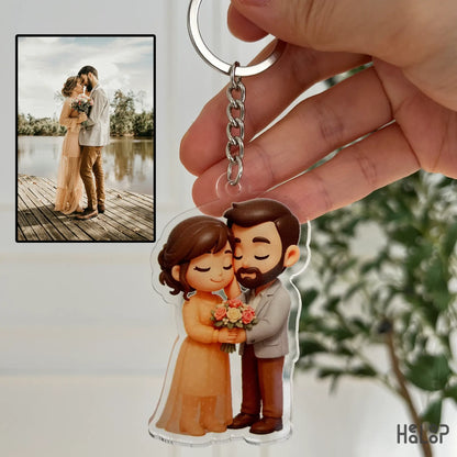 Wedding couple custom chibi acrylic keychain, personalized cartoon style keyring