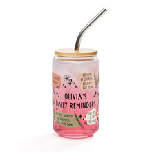 16oz can-shaped glass with 'Olivia's Daily Reminders,' filled with sparkling beverage to showcase its versatile use and charm.