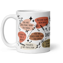 11oz customizable mug with 'Daily Reminders' shown with the handle on the left, featuring motivational messages for mental health.