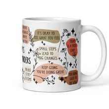 11oz customizable mug with 'ODaily Reminders' displayed with the handle on the right, designed for mental health positivity.