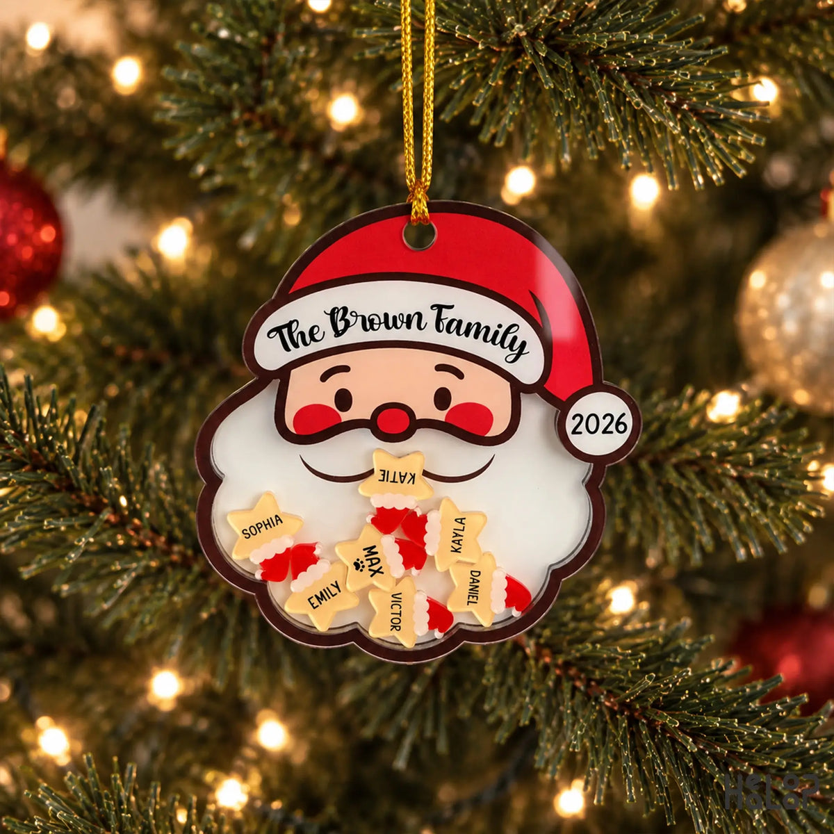 Custom family name Christmas ornament with personalized shaker charms and gold hanging string