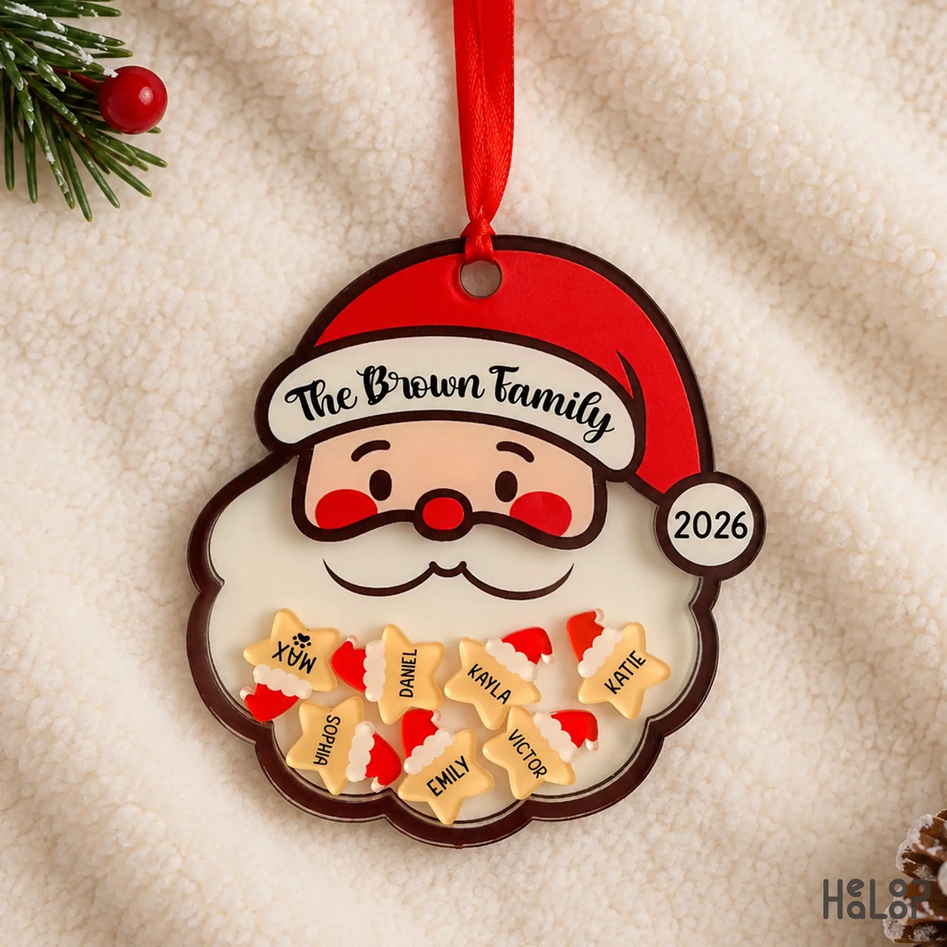 Personalized family Christmas ornament with custom family member name charms and year