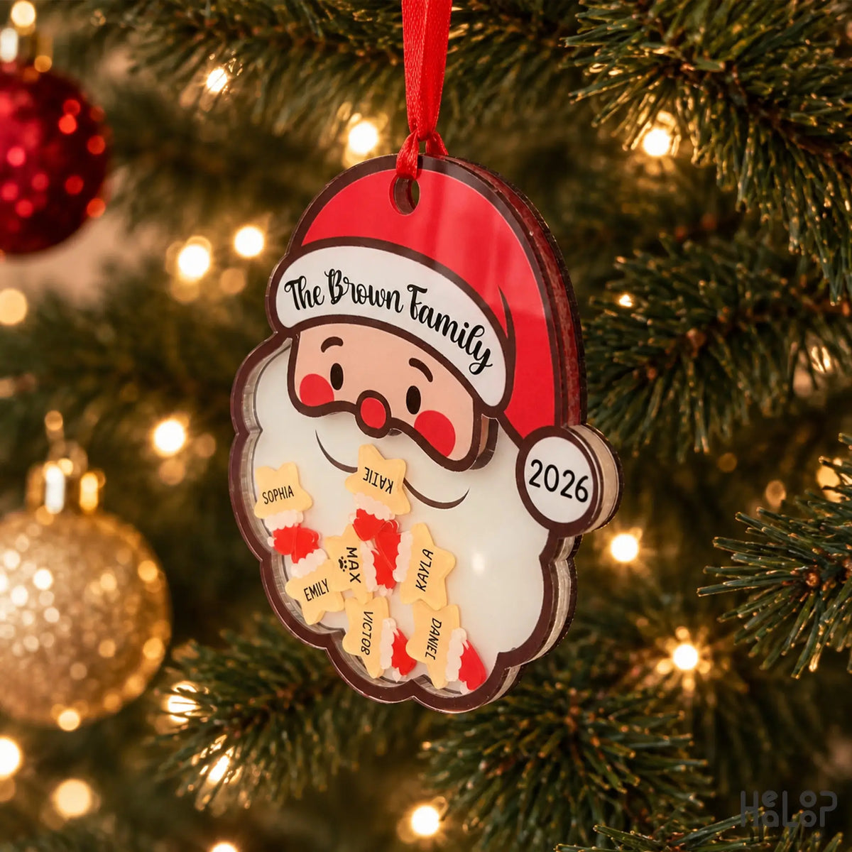 Side view of personalized family shaker ornament with custom names and Santa Christmas design