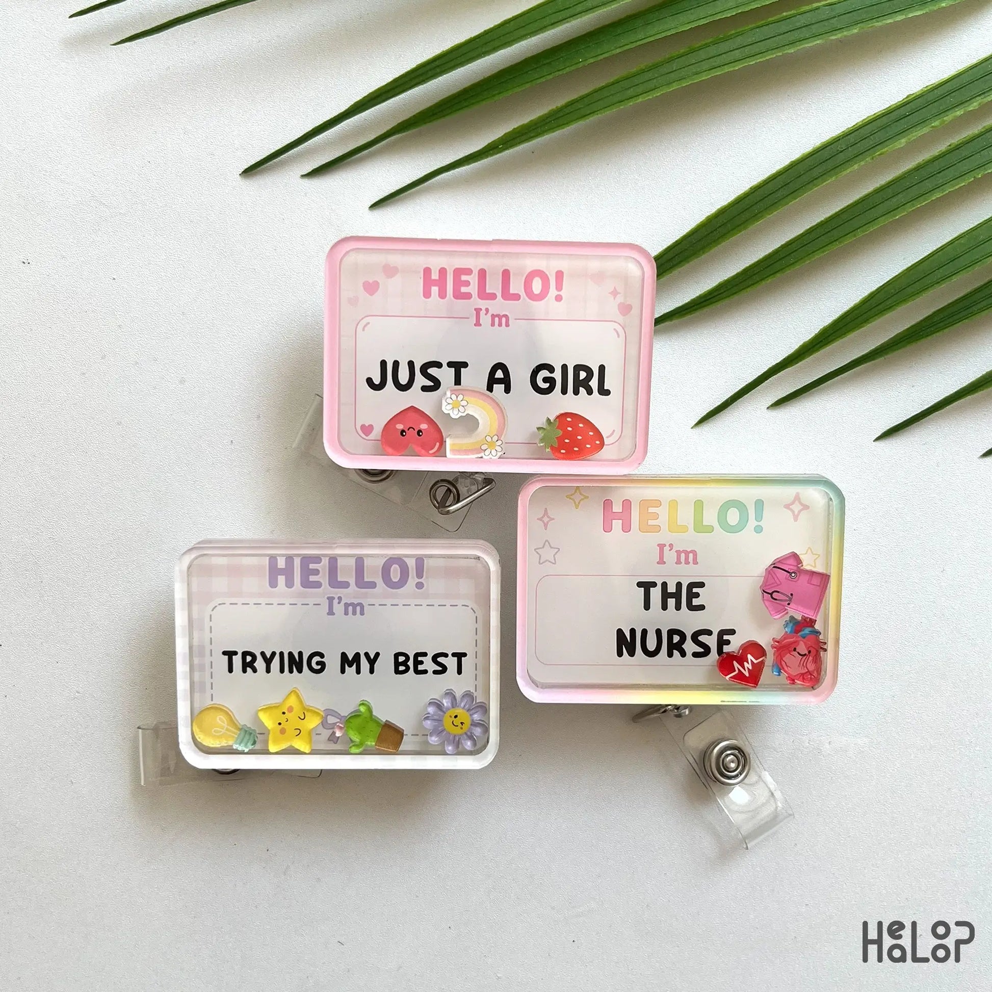 Personalized Hello I'm shaker badge reel with customizable text background and charm options