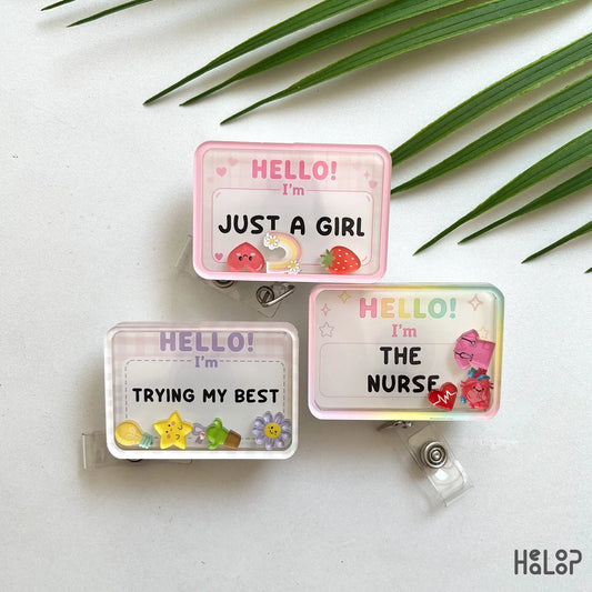 Personalized Hello I'm shaker badge reel with customizable text background and charm options