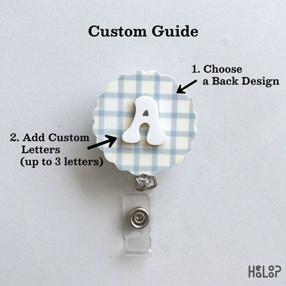 Custom initial badge reel personalization guide showing how to choose a background design and add up to 3 custom letters
