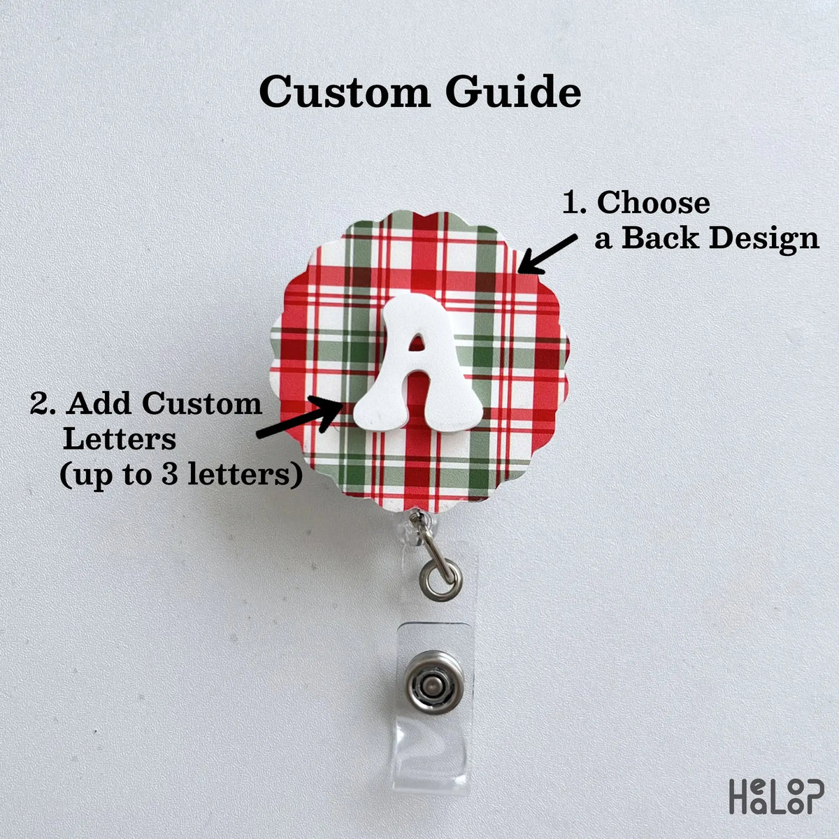 Custom Initial Christmas Badge Reel personalization guide with selectable holiday background and up to three custom letters