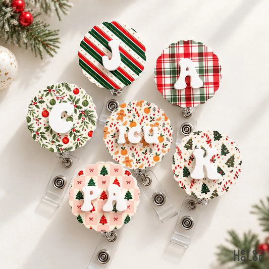 Custom Initial Christmas Badge Reels with personalized letters, plaid, Christmas trees, candy canes and holiday patterns