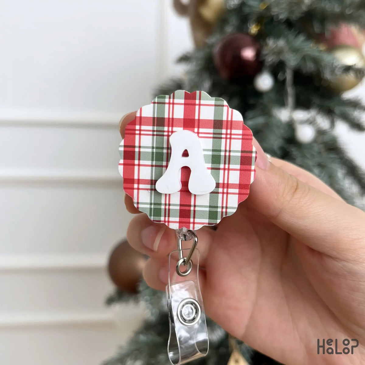 Custom Initial Christmas Badge Reel with white letter A, red green plaid design and retractable ID holder