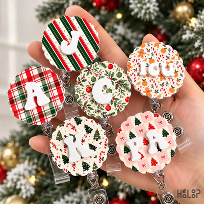 Custom Letter Christmas Badge Reel collection featuring personalized initials and festive holiday background patterns