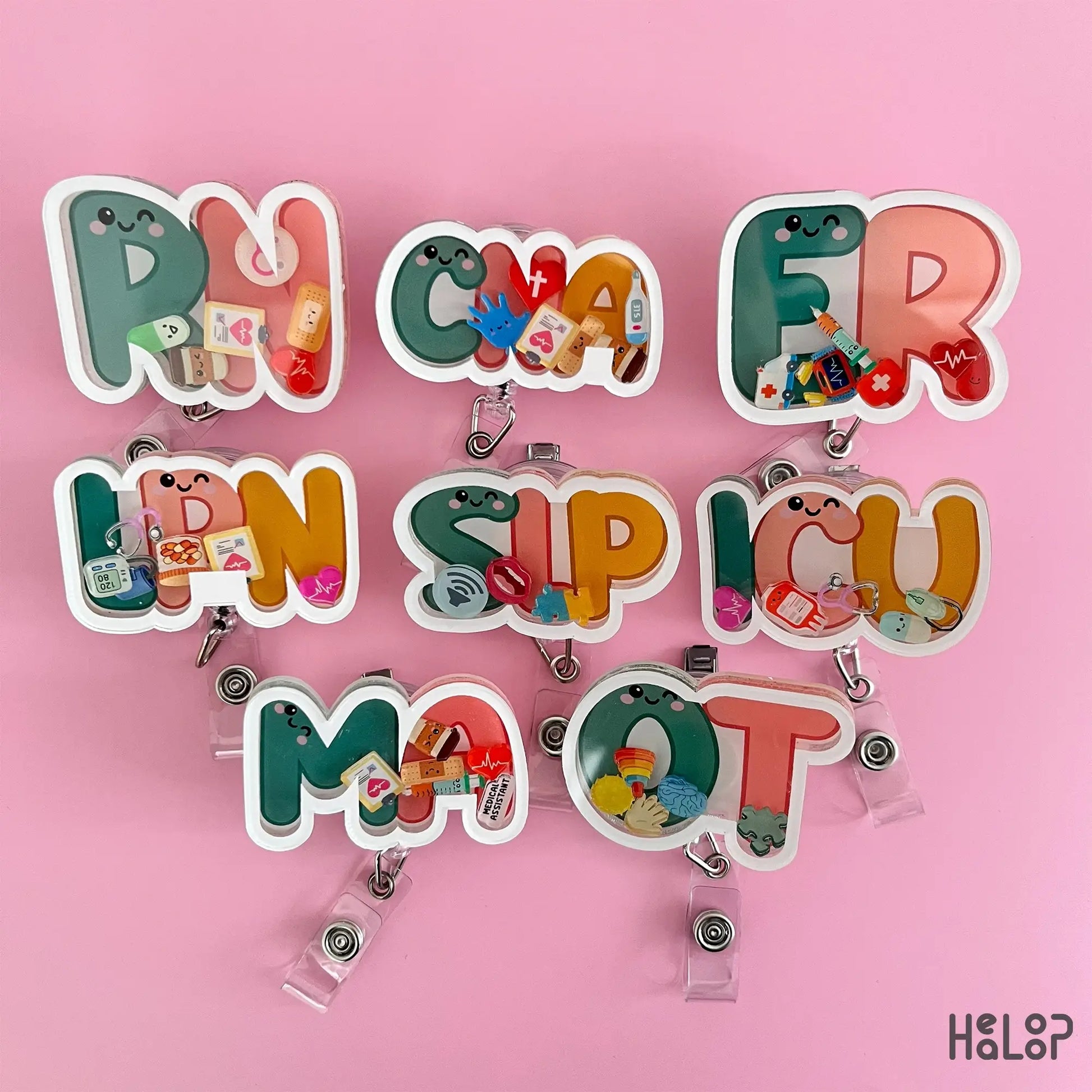 Cute custom letter shaker badge reels for healthcare workers nurses and medical staff with retractable ID holders