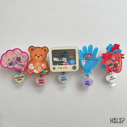 custom medical shaker badge reels with selectable designs and personalized name dangles for nurses