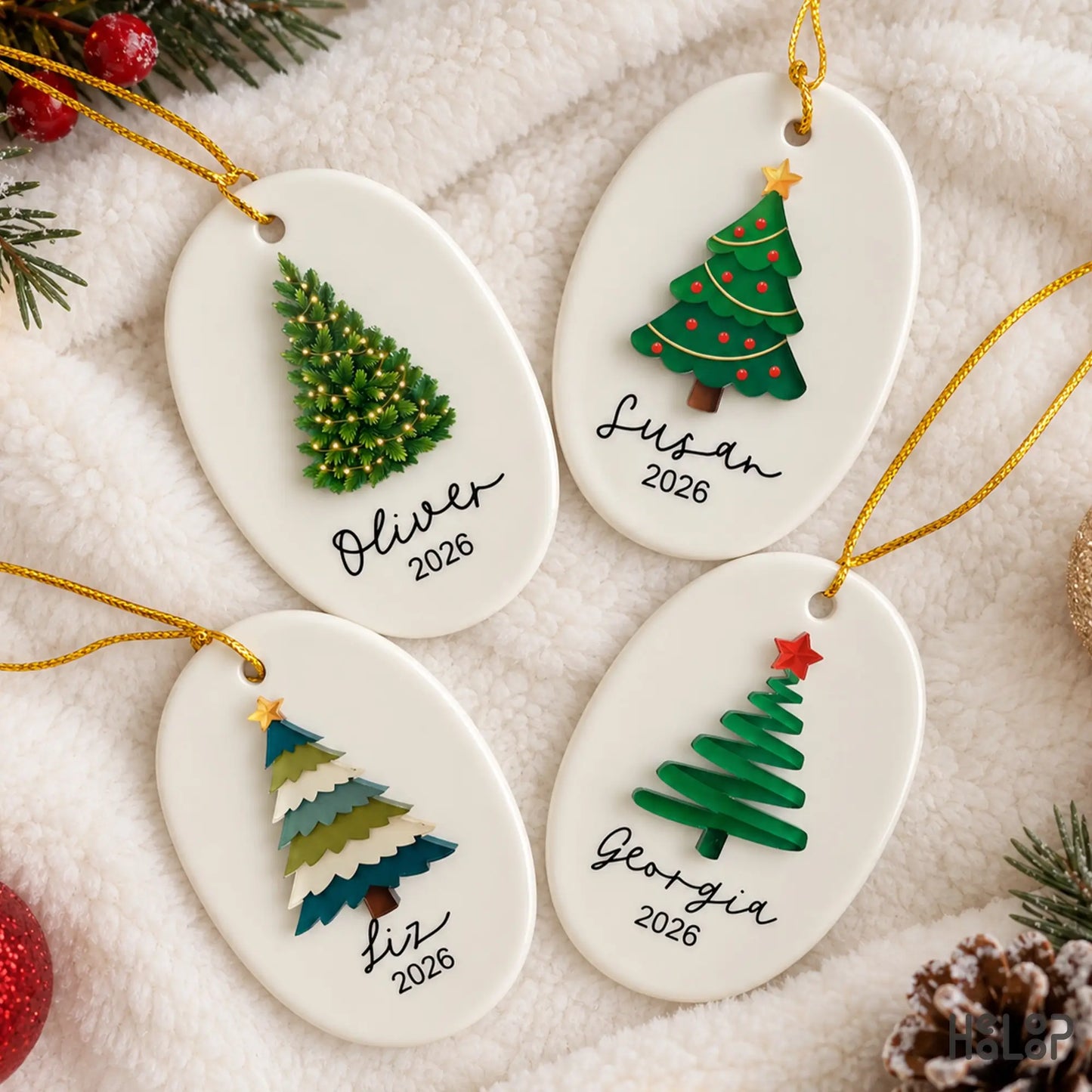 Four custom name Christmas tree ornaments featuring different raised acrylic tree designs on ceramic bases