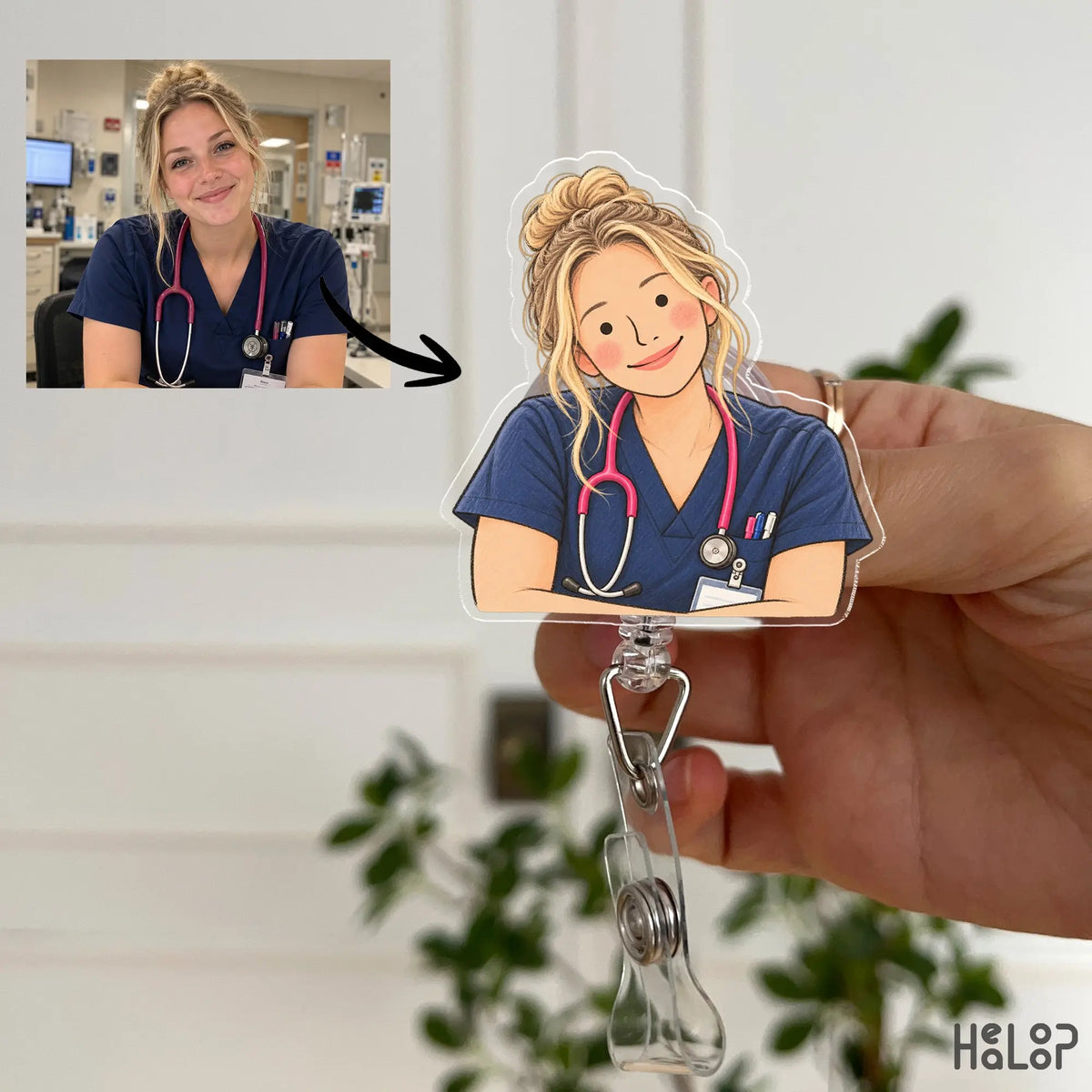 custom nurse portrait badge reel made from a photo, featuring a blonde nurse in navy scrubs with a pink stethoscope.