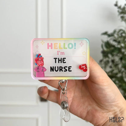 Hello I'm The Nurse custom shaker badge holder with healthcare themed charms