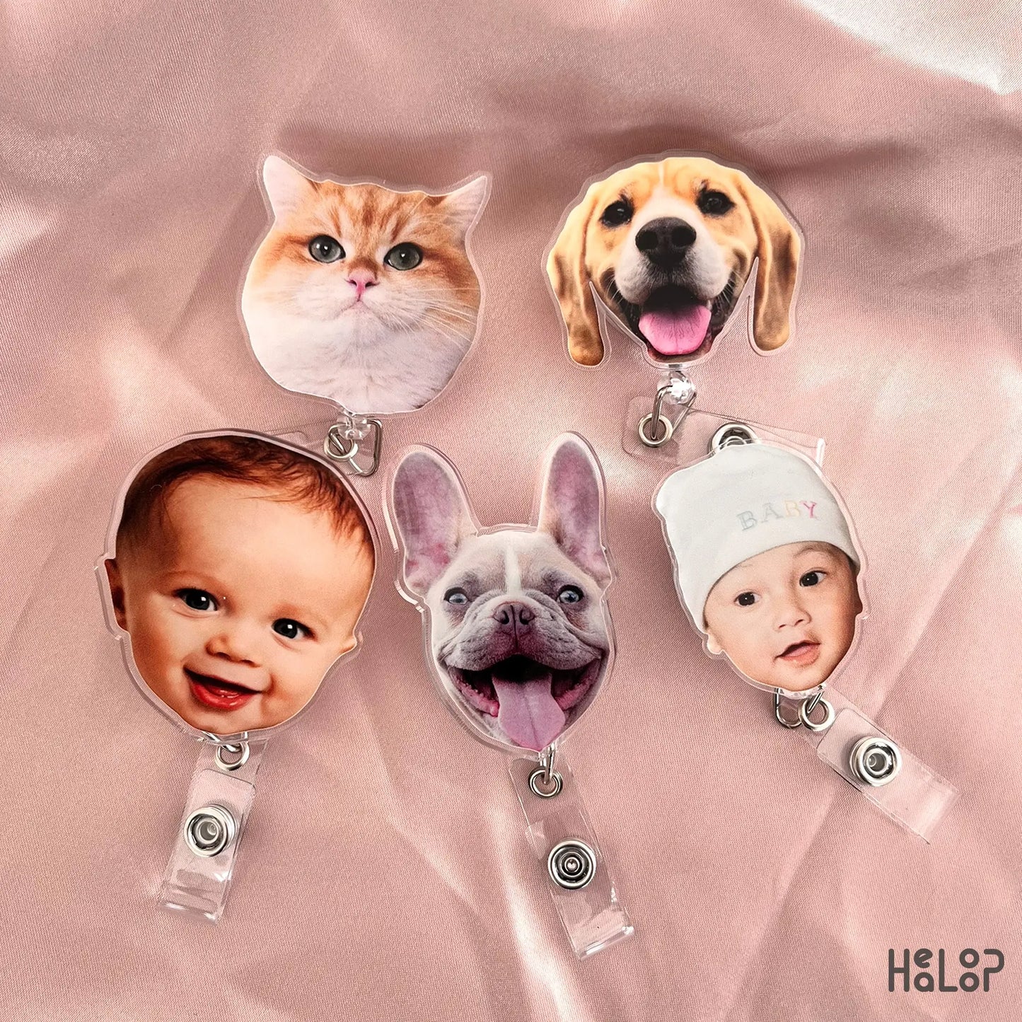Custom pet photo badge reel featuring dog and cat badge reels