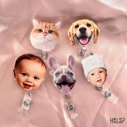 Custom pet photo badge reel featuring dog and cat badge reels