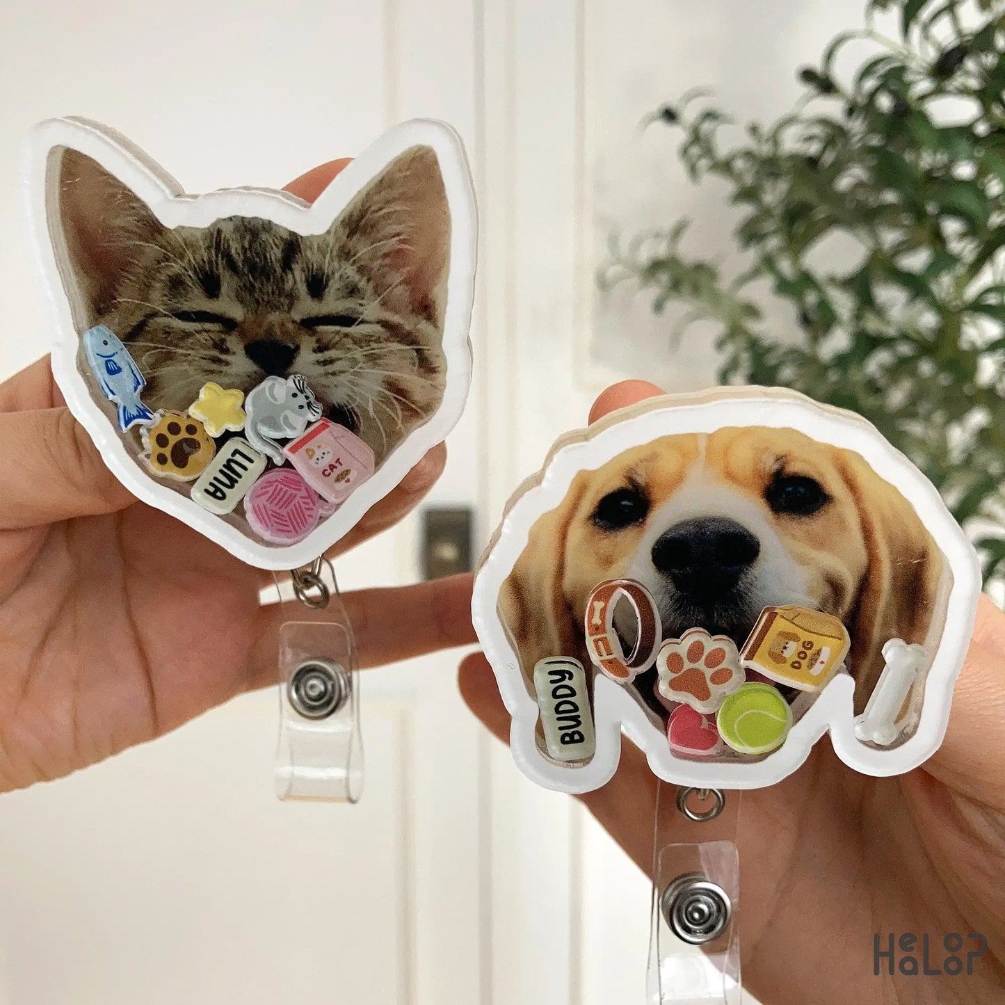 Custom pet shaker badge reels.
