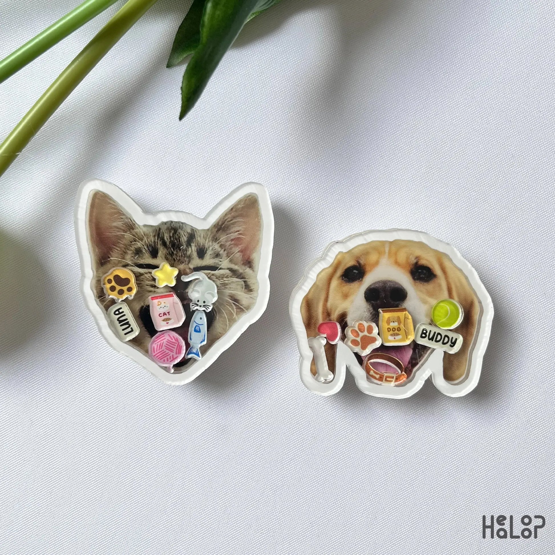 Custom pet shaker phone grip with cat and dog photo design and cute charms