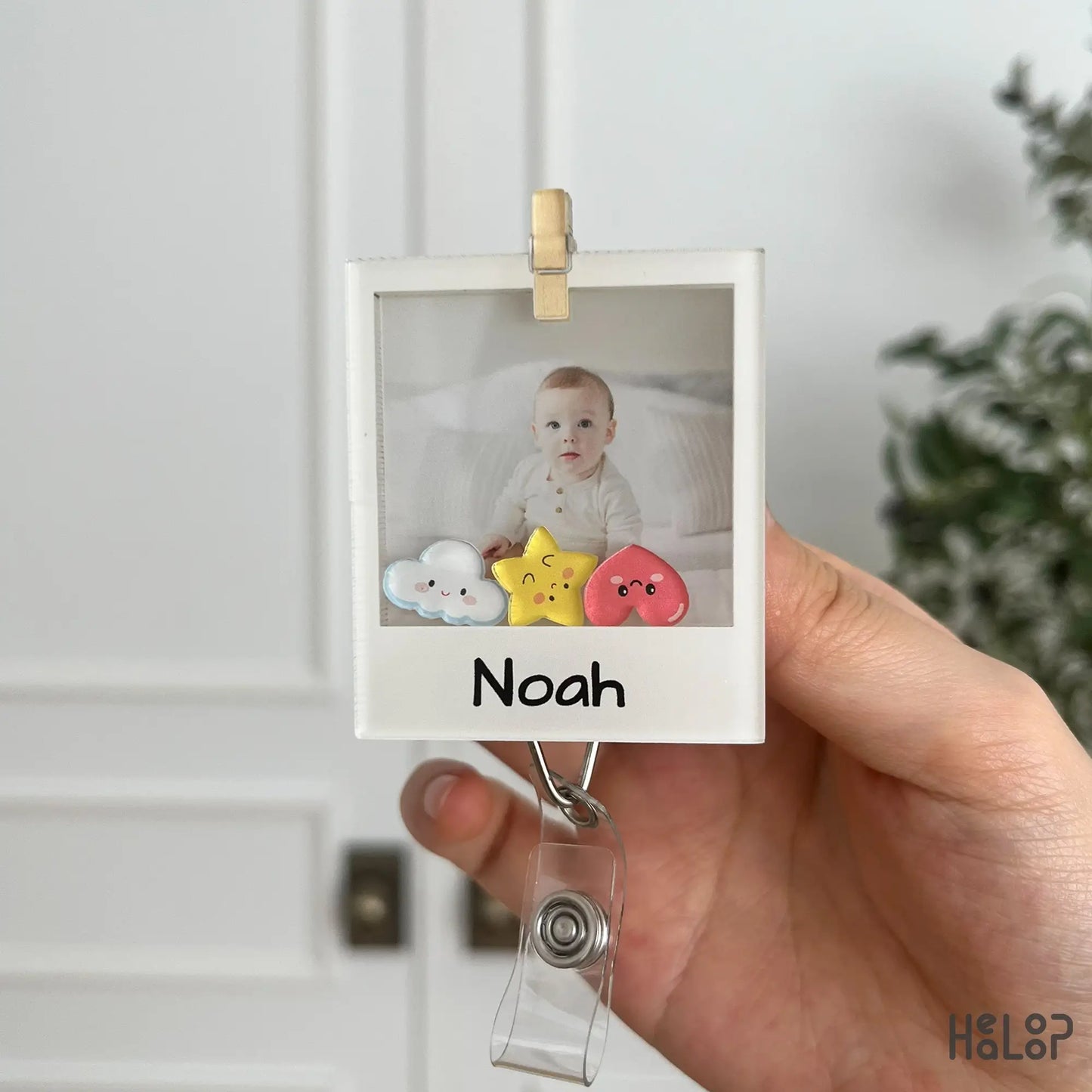 Personalized photo shaker badge reel with baby picture and custom name Noah