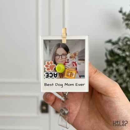 Custom photo shaker badge reel featuring dog mom photo and personalized text