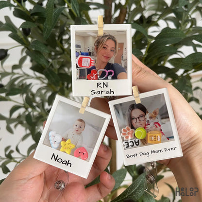 Personalized photo shaker badge reel gift for nurses pet lovers and parents