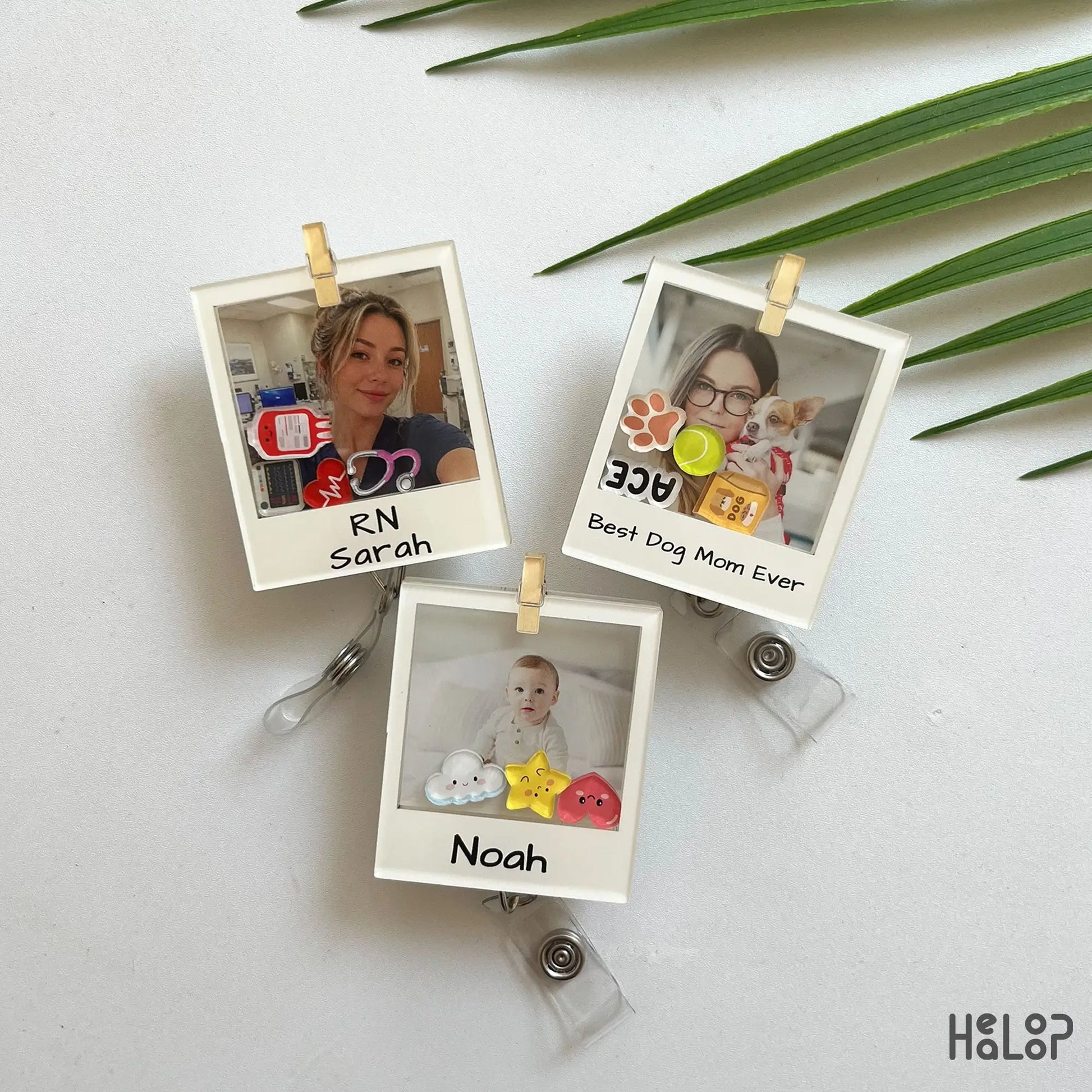 Collection of custom photo shaker badge reels with personalized photos and names