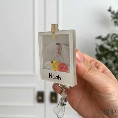 Side profile of personalized photo shaker badge reel acrylic frame