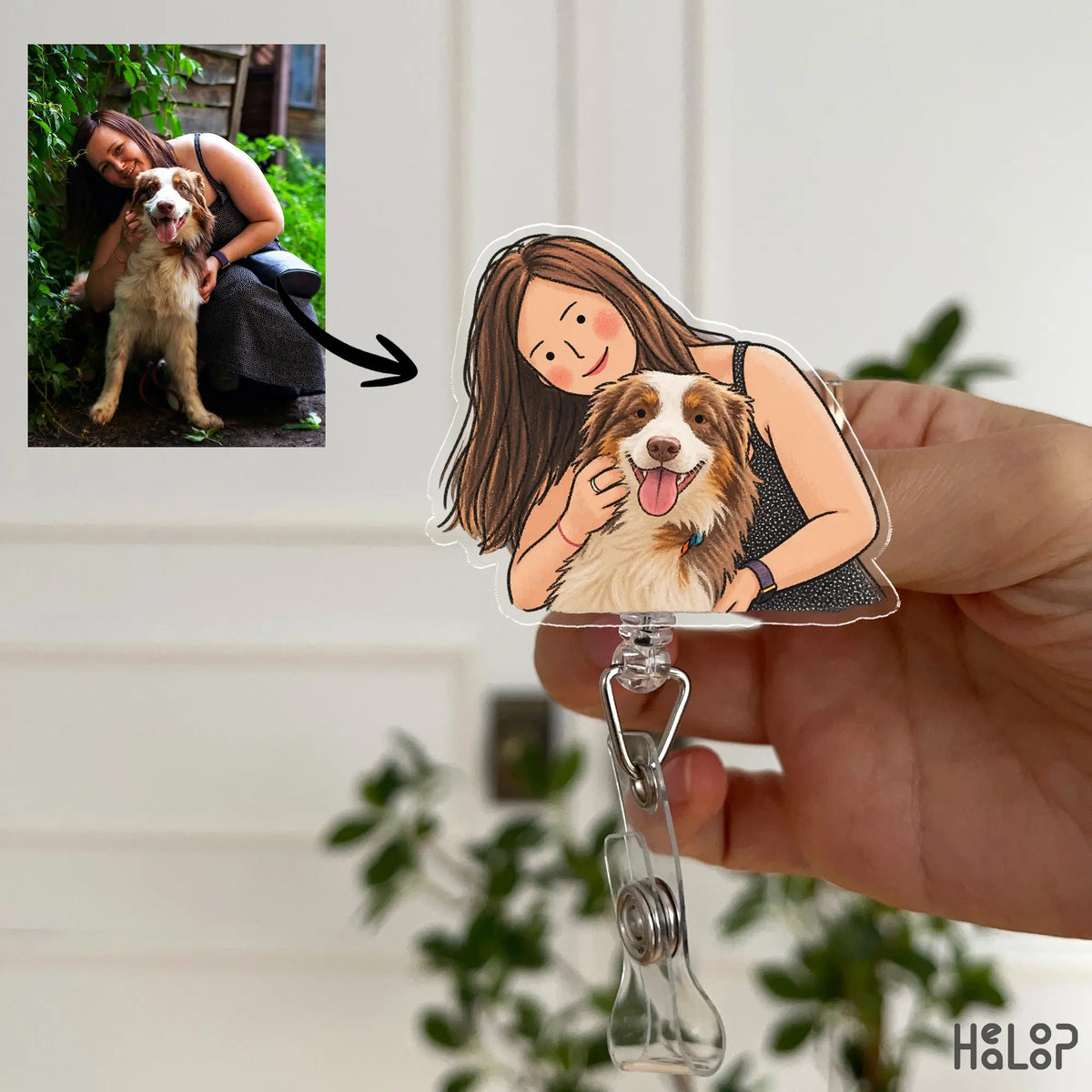 custom portrait illustration badge reel showing a woman and her dog transformed from a photograph into a hand drawn acrylic badge reel.