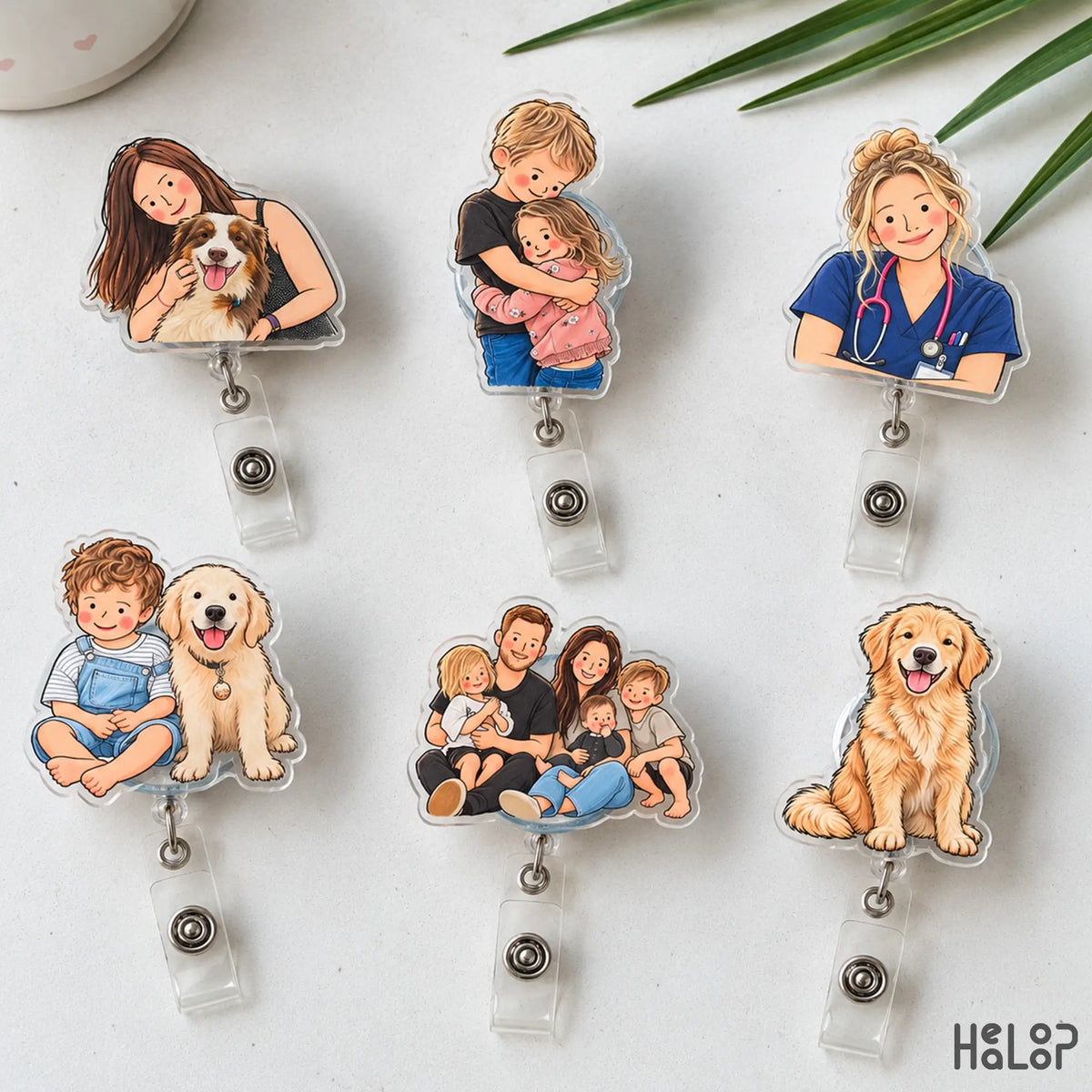 custom portrait illustration badge reel collection with six personalized acrylic badge holders featuring family, pet, and nurse portraits.