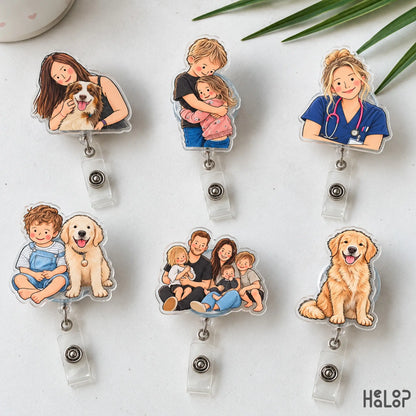 custom portrait illustration badge reel collection with six personalized acrylic badge holders featuring family, pet, and nurse portraits.