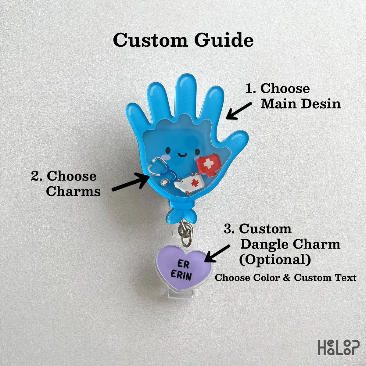 custom shaker badge reel personalization guide with main design, shaker charms, and optional custom heart dangle