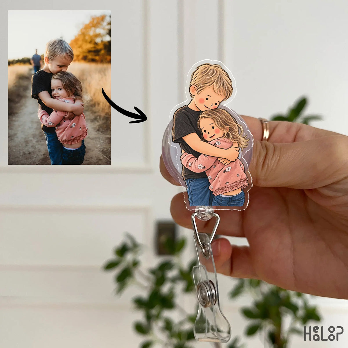 personalized family portrait badge reel featuring a hand drawn illustration of two siblings hugging, created from a customer photo.