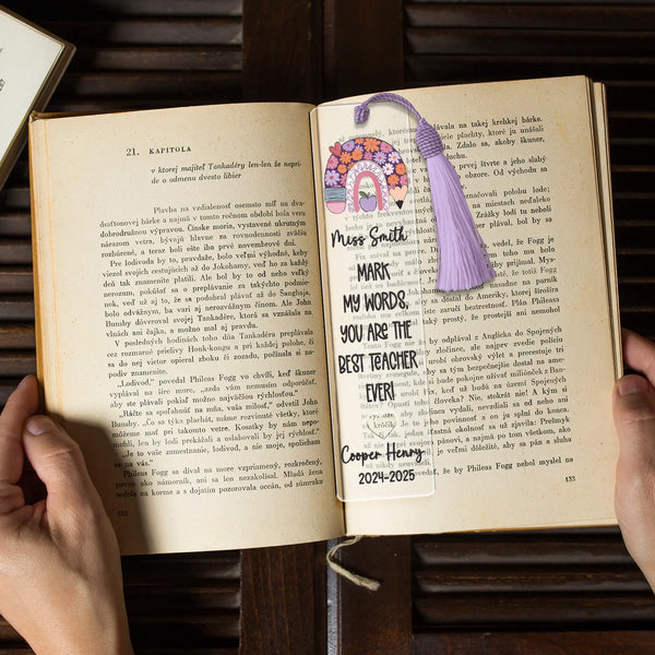 Custom Teacher Name Acrylic Bookmark with Lavender Tassel