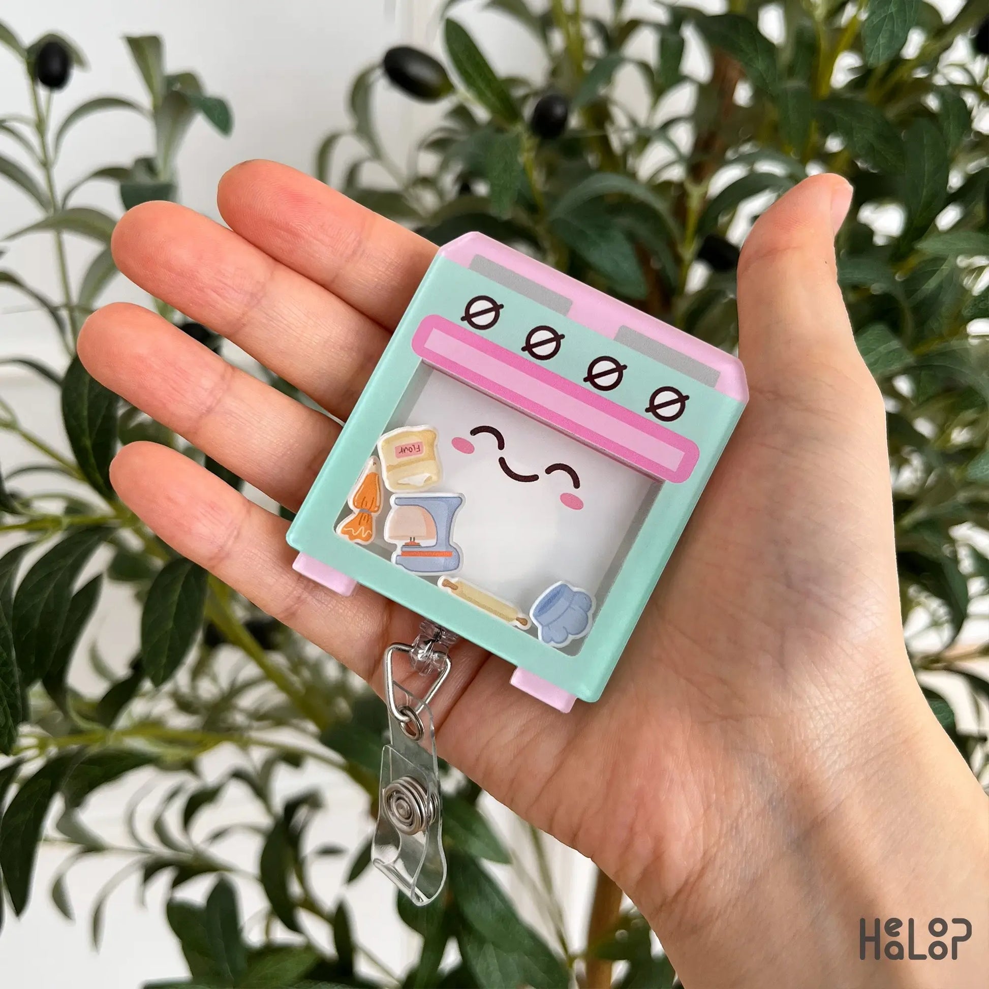 Cute baking oven shaker badge reel with movable baking charms perfect for bakers pastry chefs and bakery staff
