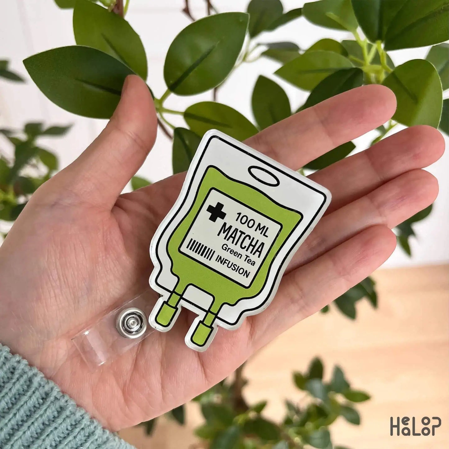 Cute Matcha IV Bag Badge Reel from Healoop – perfect medical accessory for nurses and RNs