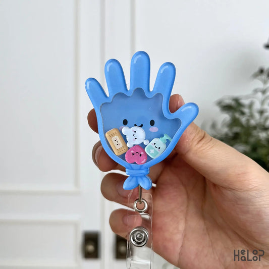 Cute Medical Glove Shaker Badge Reel with colorful healthcare charms for nurses, nursing students, and medical workers.
