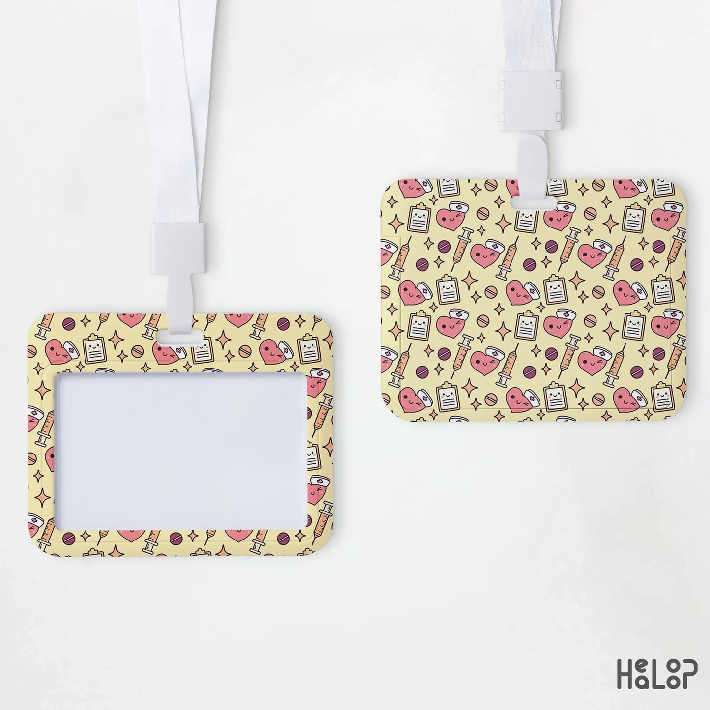 Cute pharmacy bottle ID badge holder with flowers and medical supplies — ideal for pharmacists and lab techs