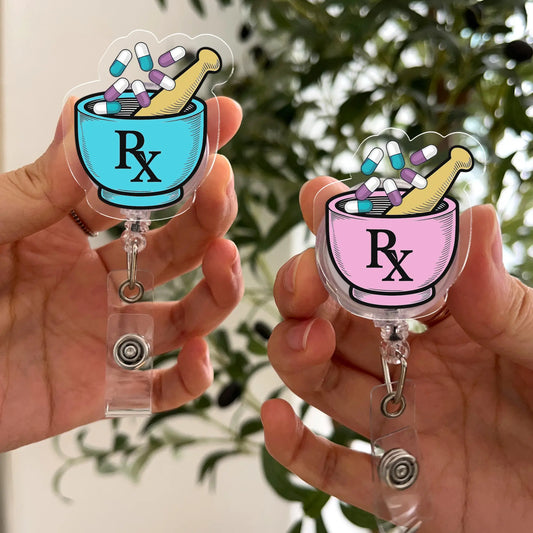 Cute RX Pharmacy Badge Reel set with pink and blue color options – ideal pharmacist gift
