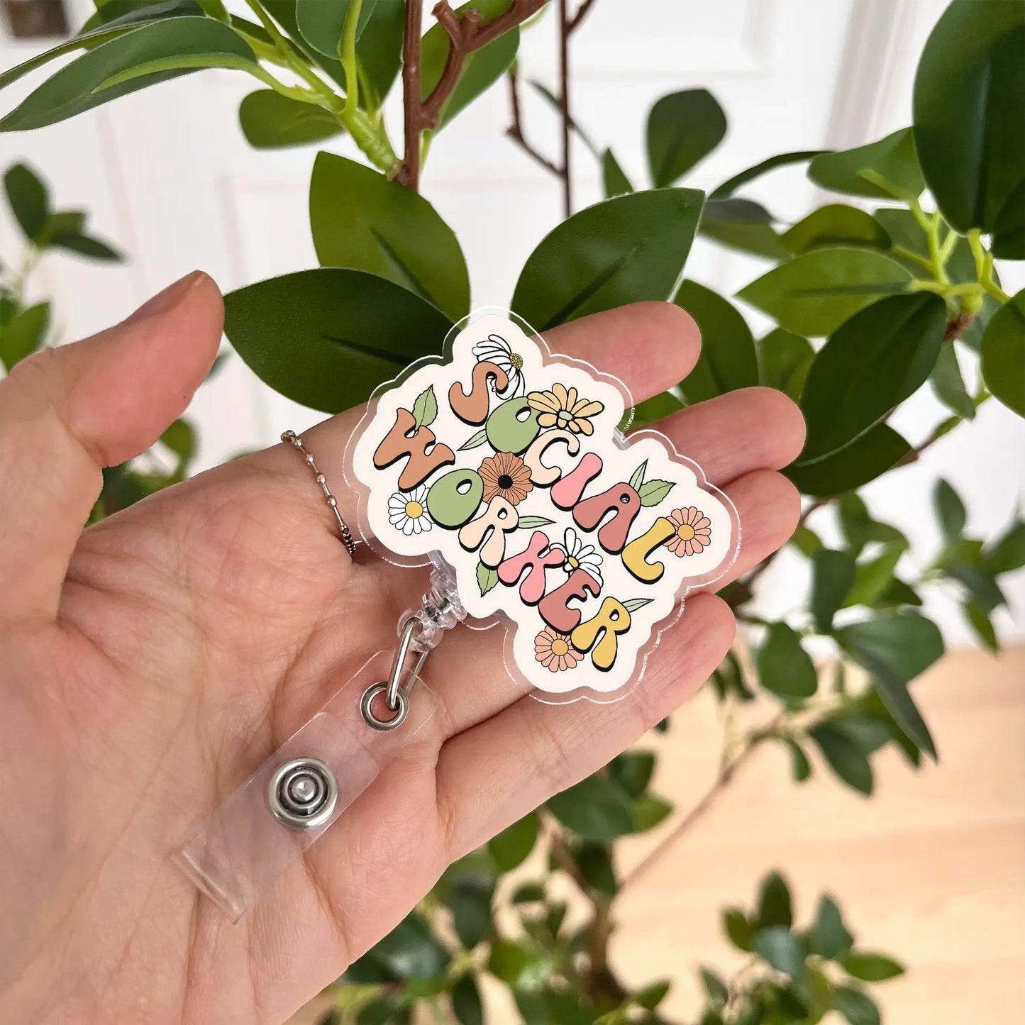 Social Worker Badge Reel with retro flower lettering – ideal gift for social workers and therapists