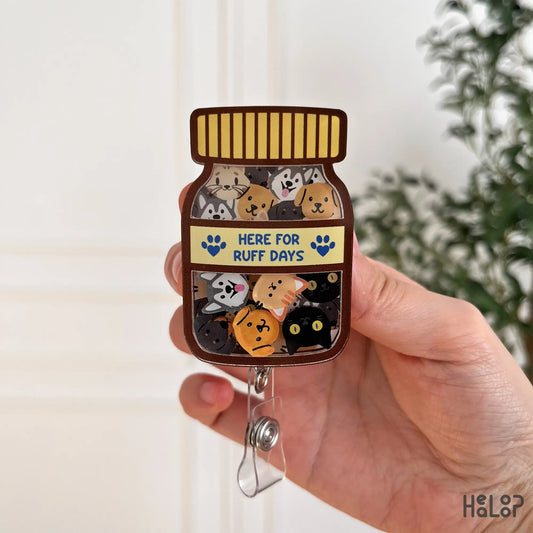 Cute veterinary badge reel with dog and cat shaker charms for animal clinic staff